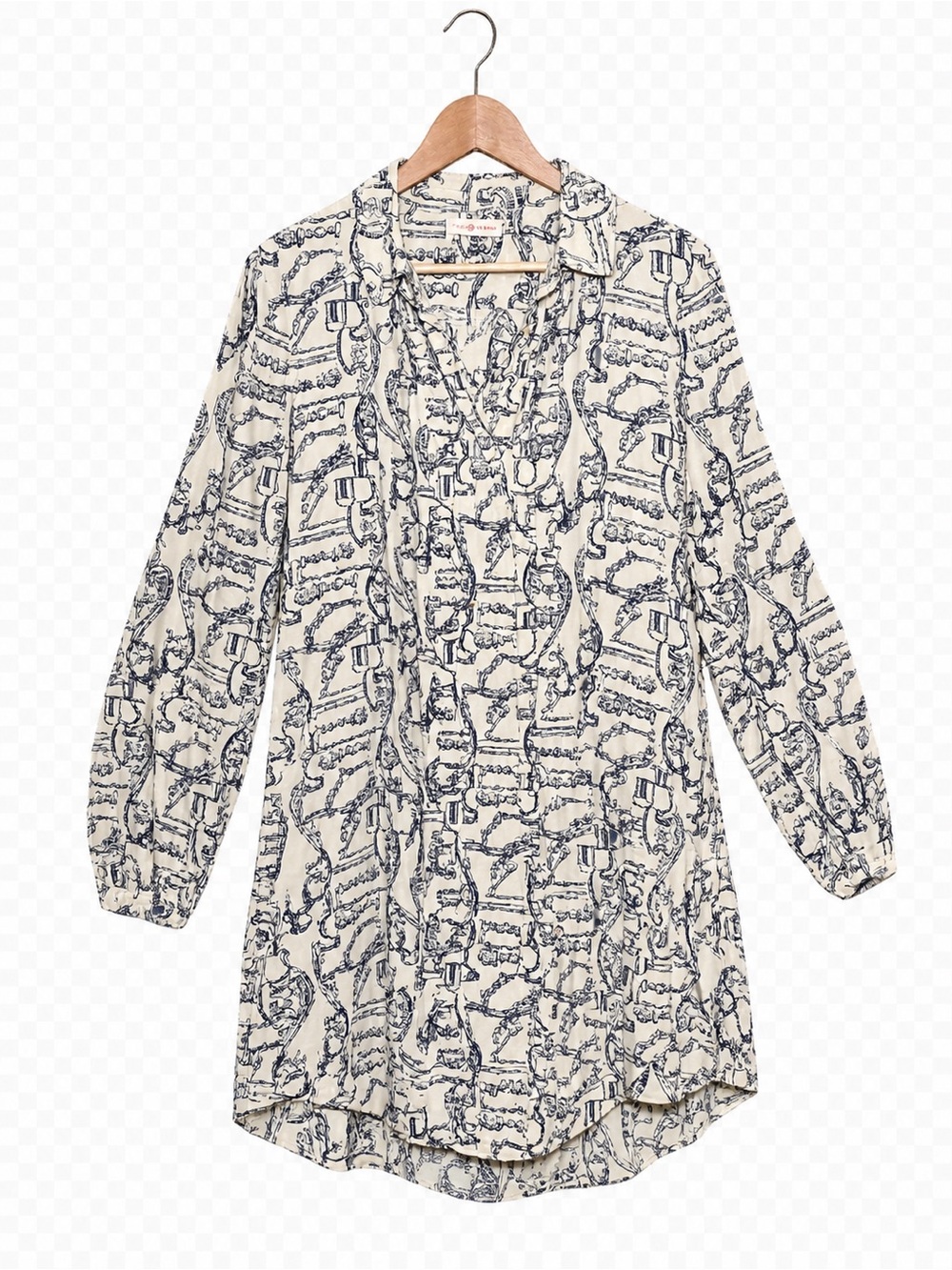 Tory Burch Equestrian Print Tunic Dress Silk Blend Cream Navy Horsebit Preppy - Picture 2 of 13